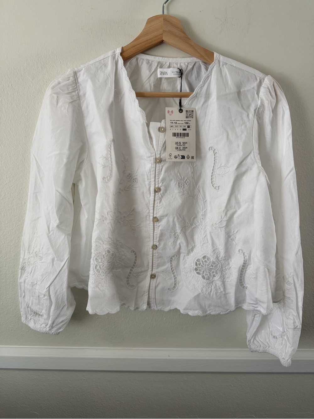 Zara White Eyelet Embroidered Button-Up Top